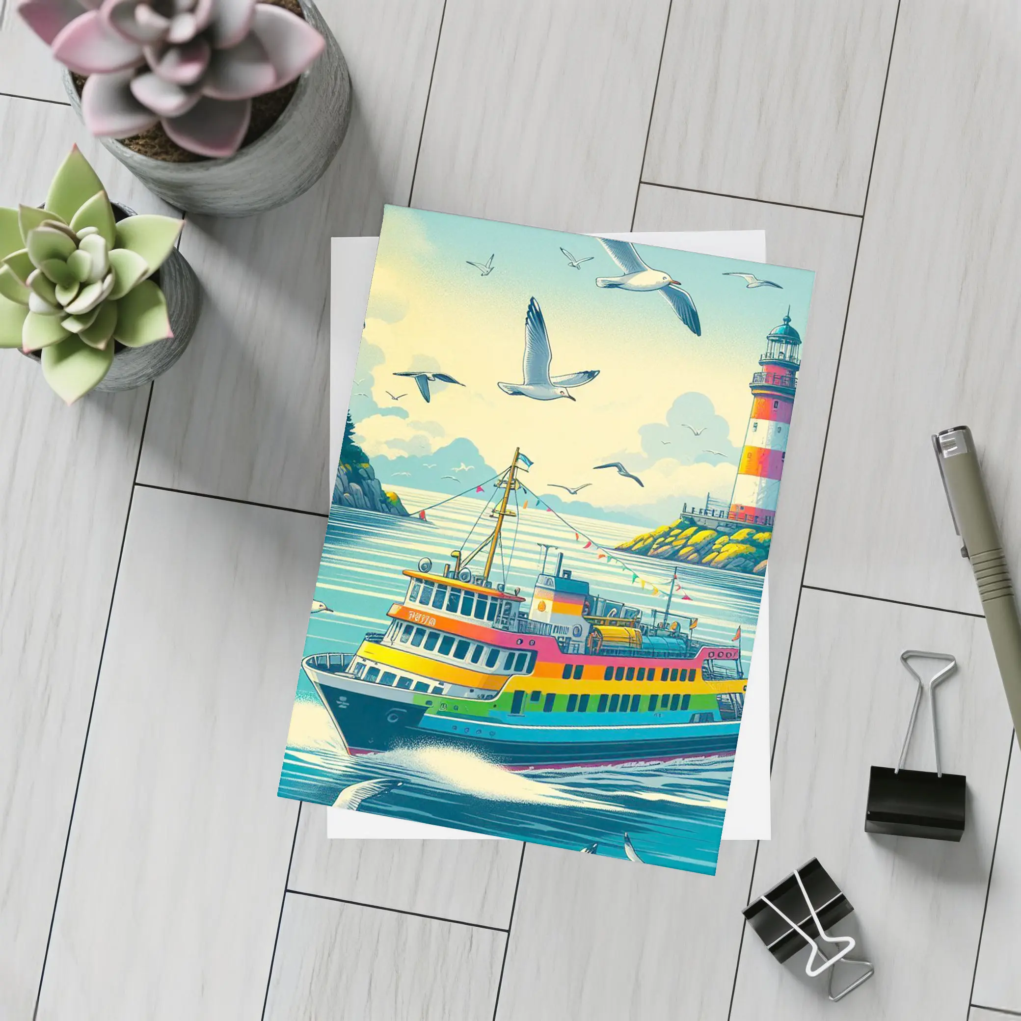 Colorful Ferry Boat Lighthouse Coastal Scene – Postcards