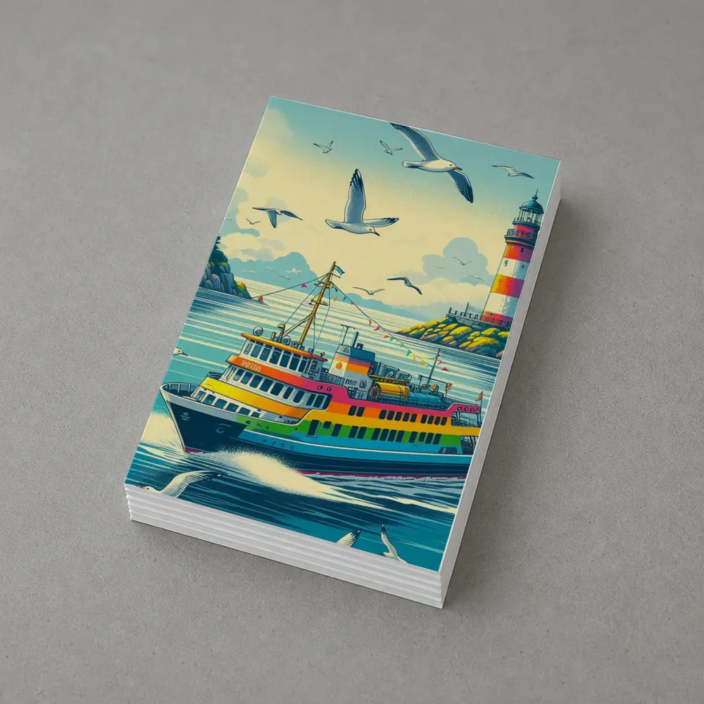 Colorful Ferry Boat Lighthouse Coastal Scene – Postcards