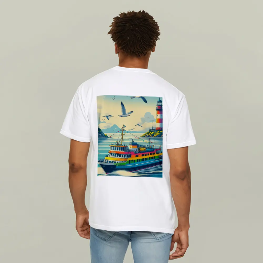Colorful Ferry Boat Lighthouse Coastal Scene – T-Shirts