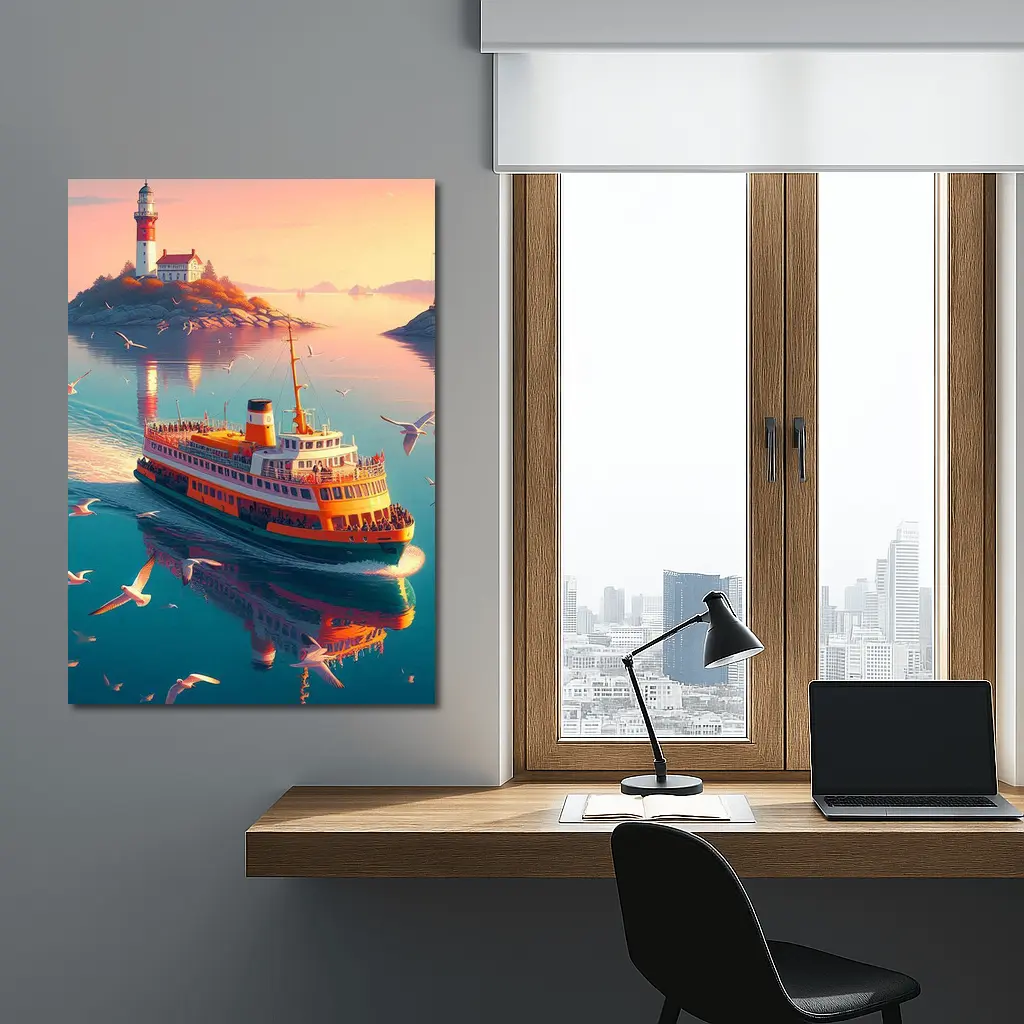 Ferry Boat Sailing Past Lighthouse Sunset – Wall Art