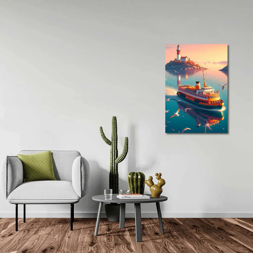 Ferry Boat Sailing Past Lighthouse Sunset – Wall Art