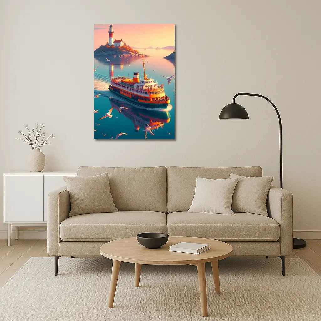 Ferry Boat Sailing Past Lighthouse Sunset – Wall Art