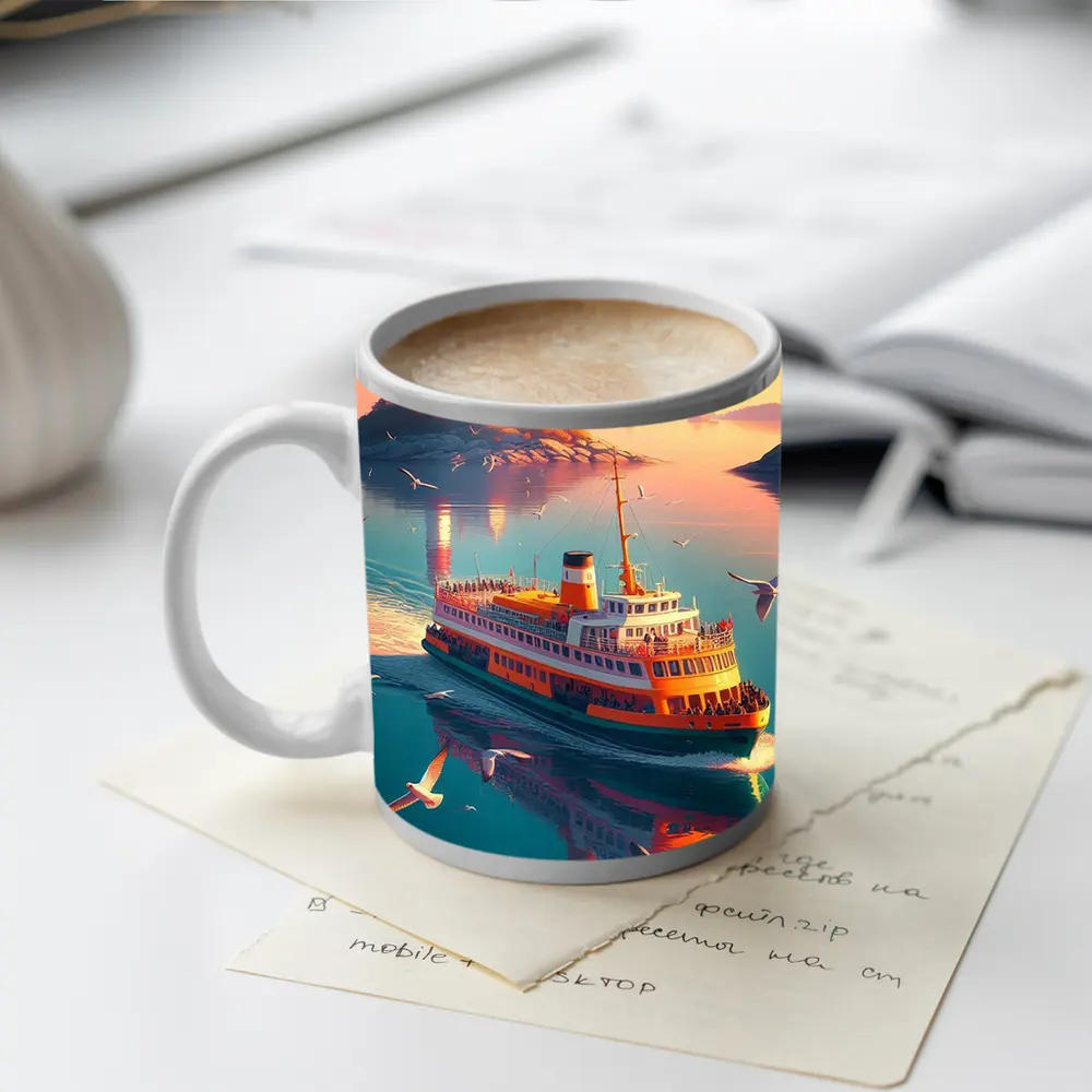 Ferry Boat Sailing Past Lighthouse Sunset – Mugs