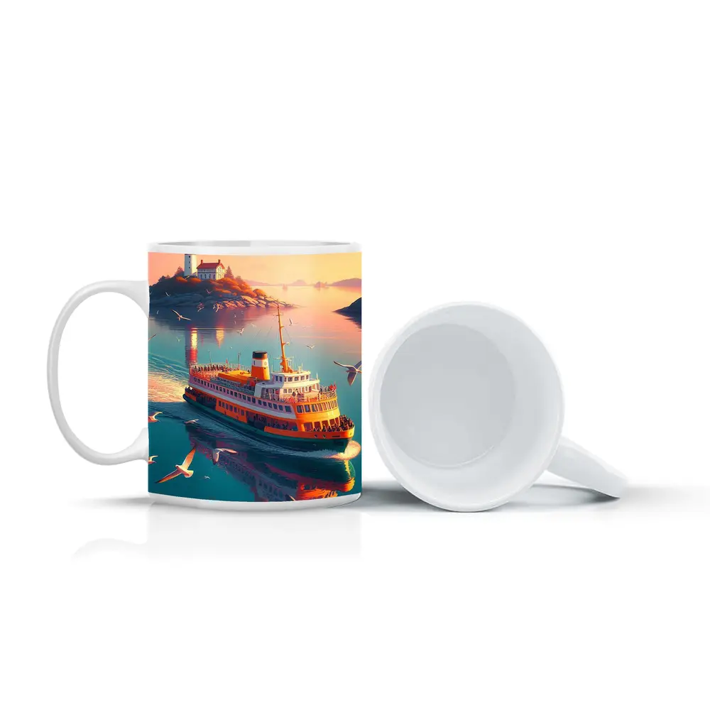 Ferry Boat Sailing Past Lighthouse Sunset – Mugs