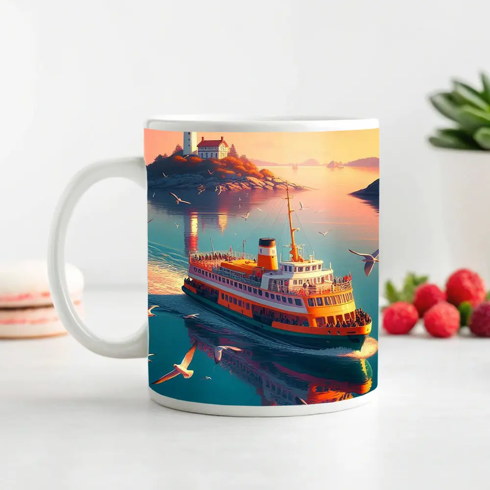 Ferry Boat Sailing Past Lighthouse Sunset – Mugs