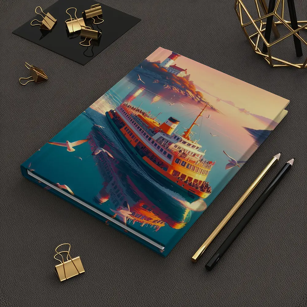 Ferry Boat Sailing Past Lighthouse Sunset – Notebooks