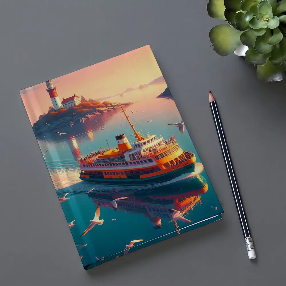 Ferry Boat Sailing Past Lighthouse Sunset – Notebooks