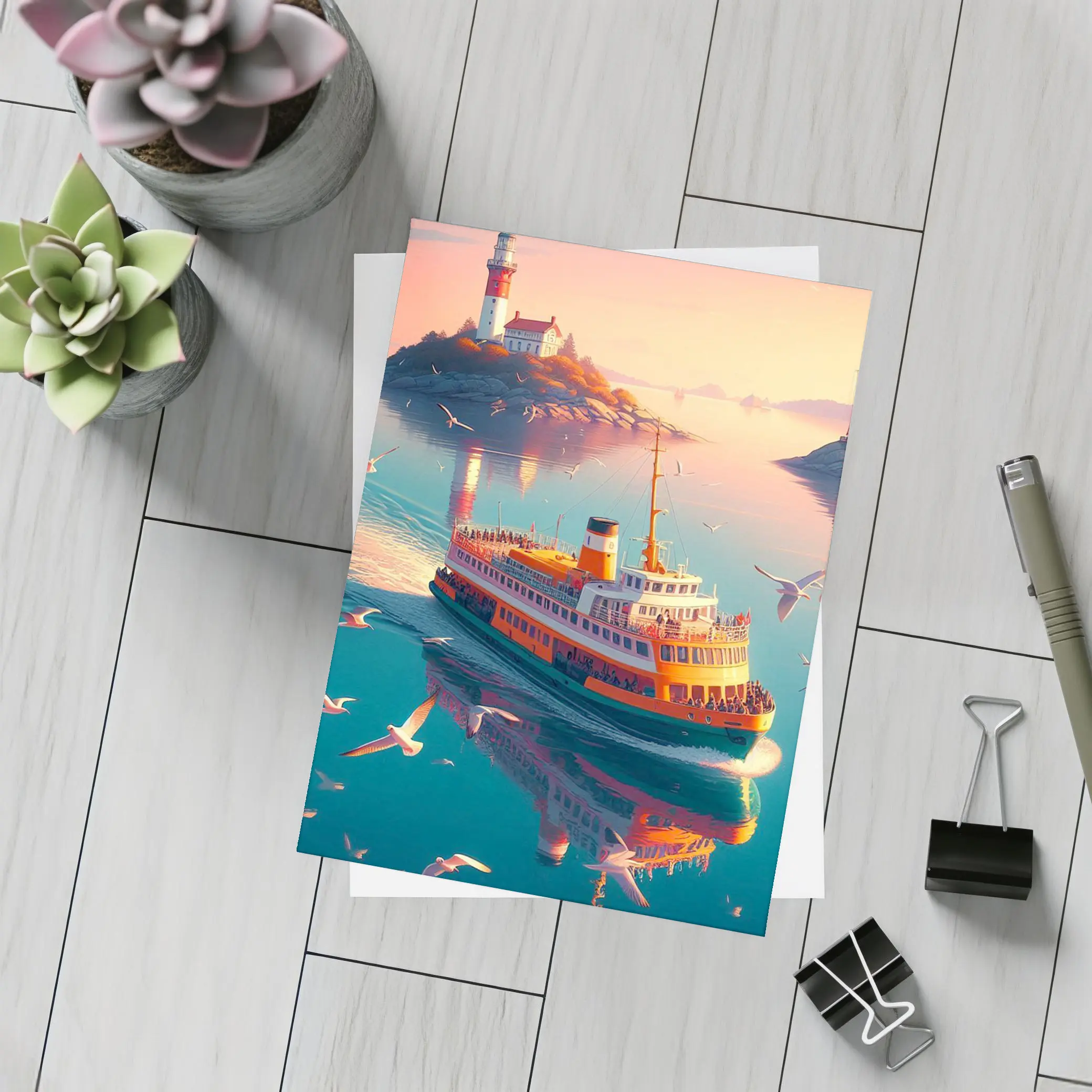 Ferry Boat Sailing Past Lighthouse Sunset – Postcards