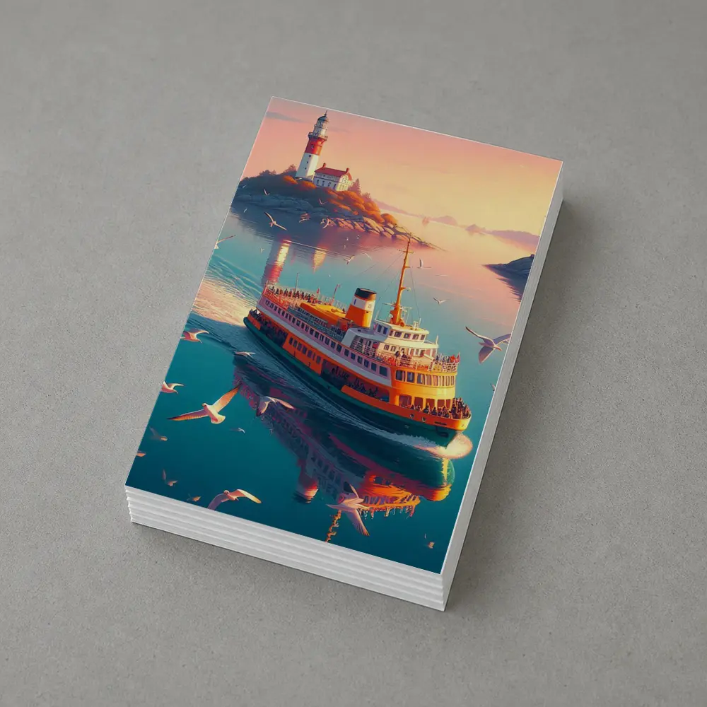 Ferry Boat Sailing Past Lighthouse Sunset – Postcards
