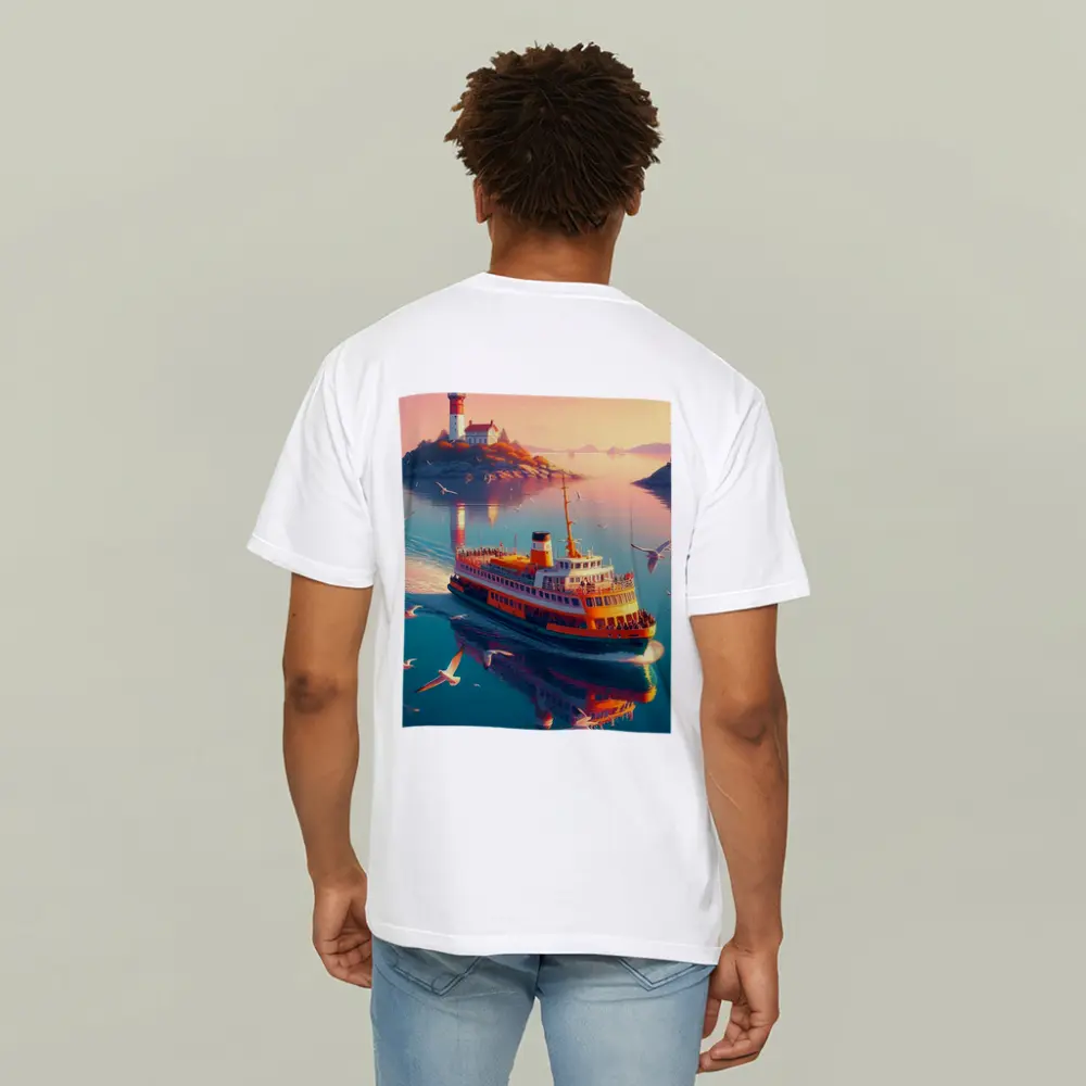 Ferry Boat Sailing Past Lighthouse Sunset – T-Shirts