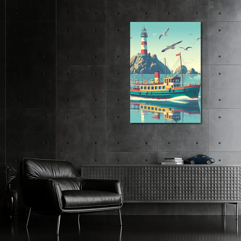 Retro Ferry Boat Lighthouse Coastal Scene – Wall Art