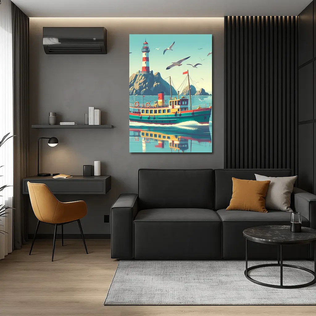 Retro Ferry Boat Lighthouse Coastal Scene – Wall Art