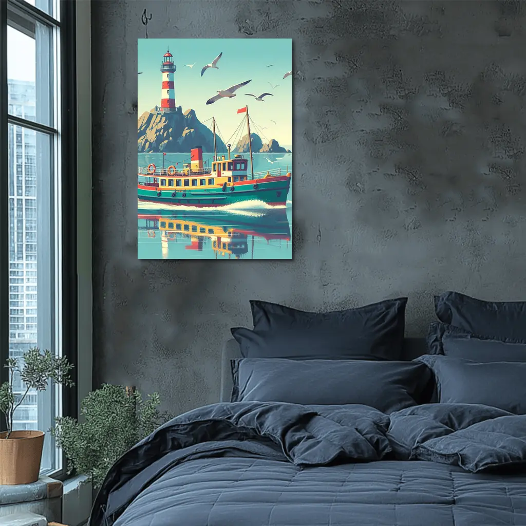 Retro Ferry Boat Lighthouse Coastal Scene – Wall Art