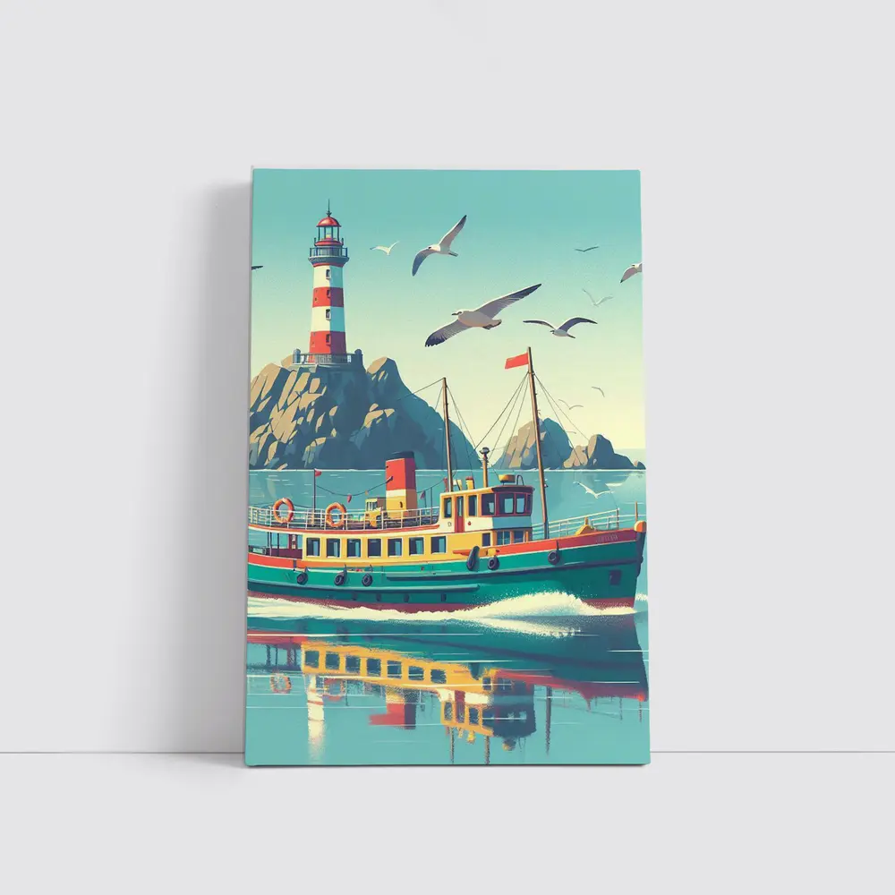 Retro Ferry Boat Lighthouse Coastal Scene – Wall Art
