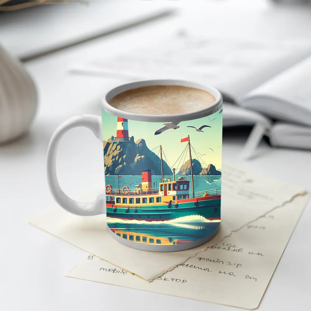 Retro Ferry Boat Lighthouse Coastal Scene – Mugs