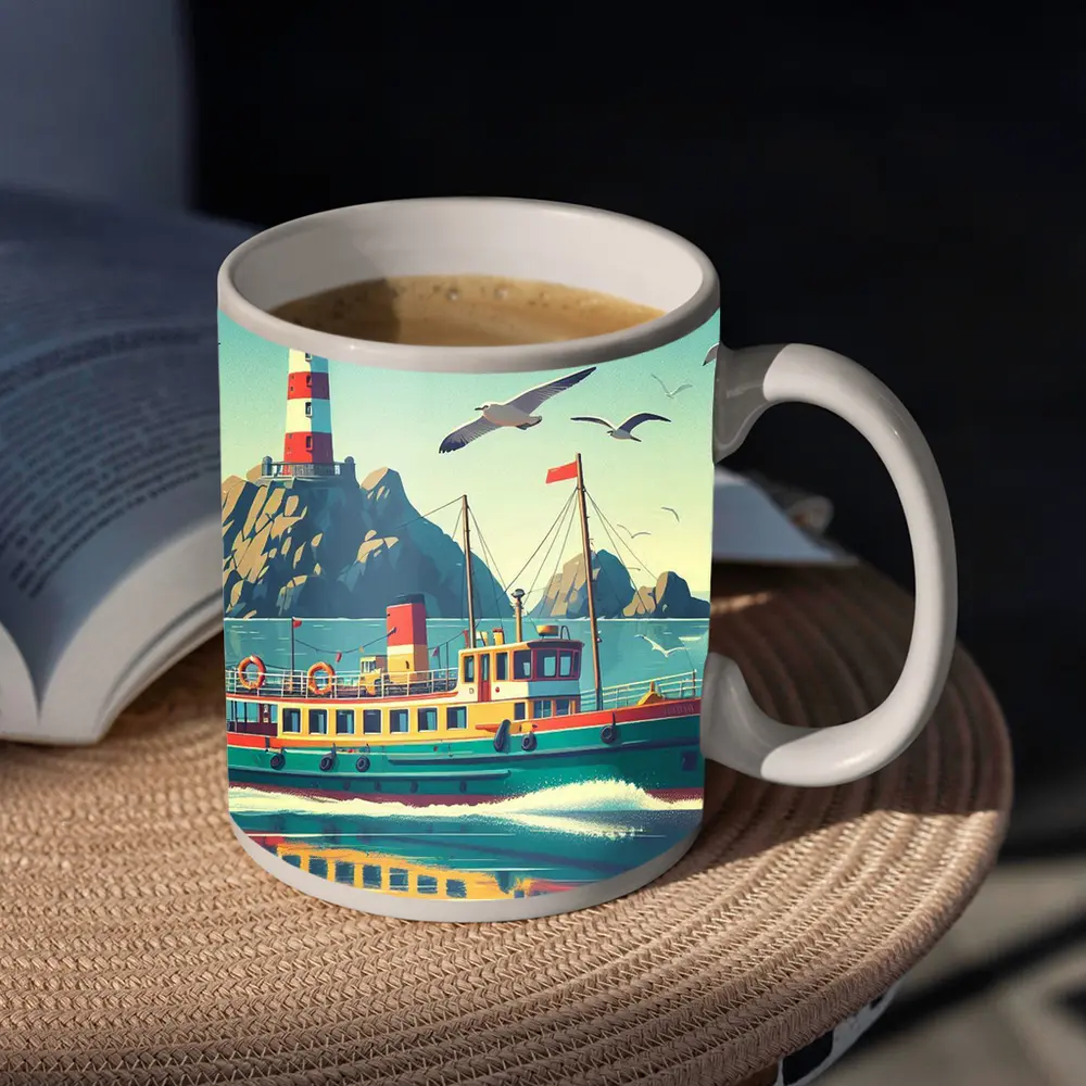 Retro Ferry Boat Lighthouse Coastal Scene – Mugs