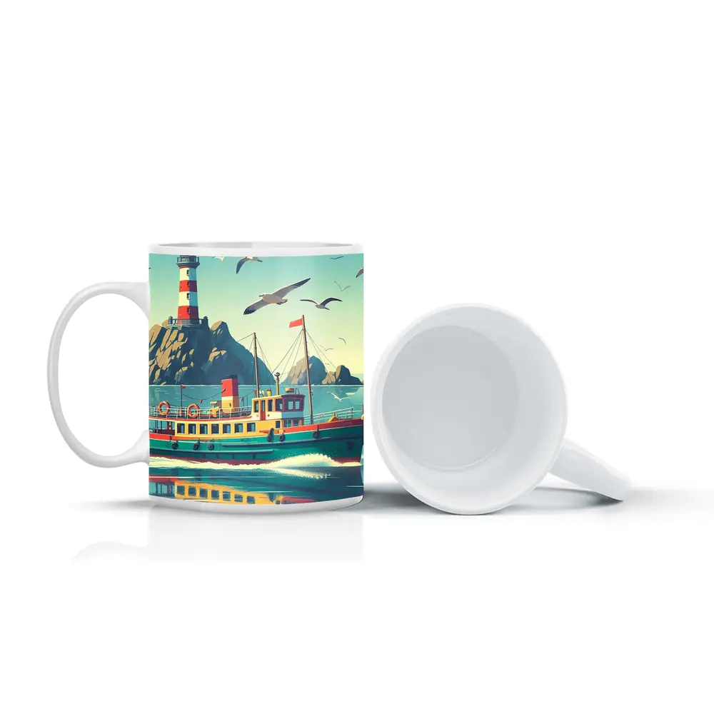 Retro Ferry Boat Lighthouse Coastal Scene – Mugs
