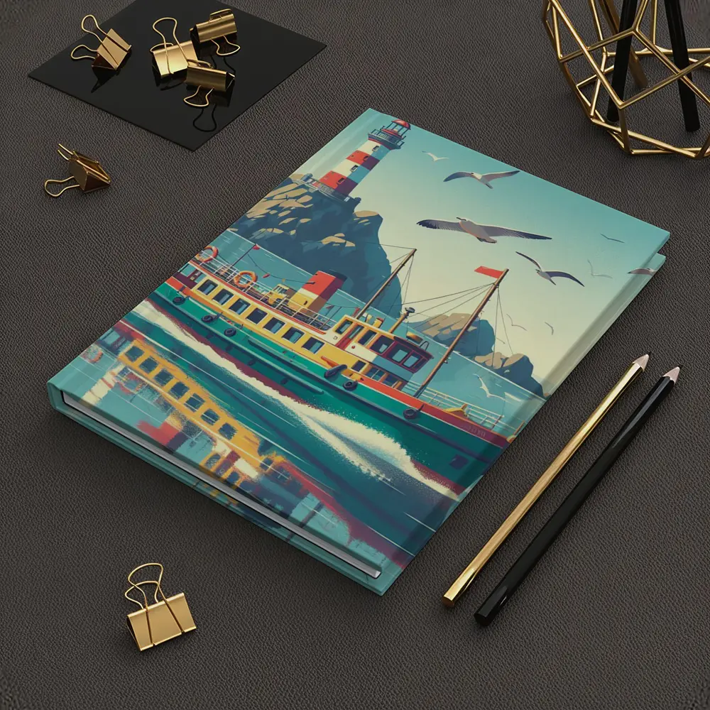 Retro Ferry Boat Lighthouse Coastal Scene – Notebooks