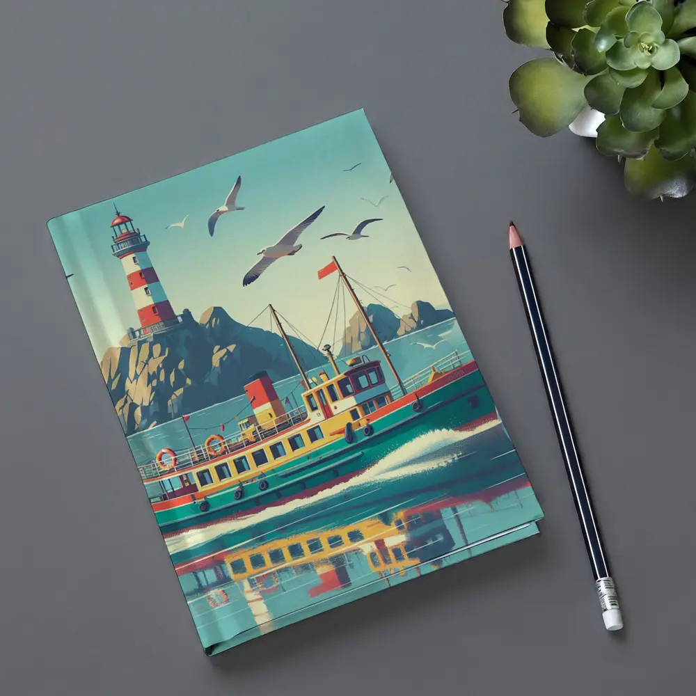 Retro Ferry Boat Lighthouse Coastal Scene – Notebooks