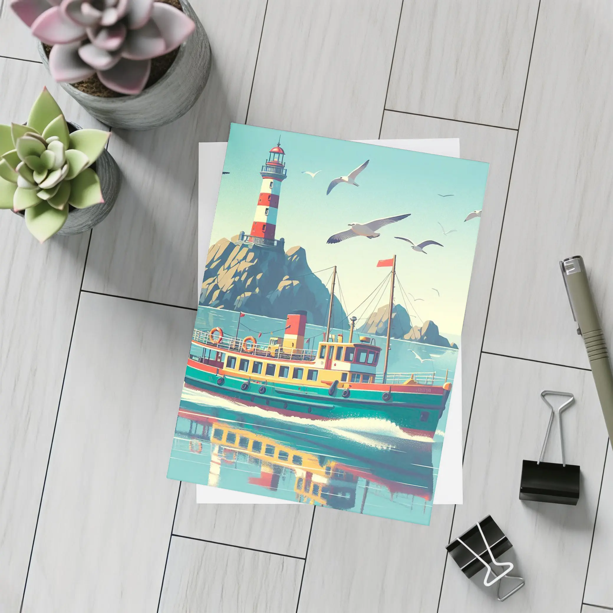 Retro Ferry Boat Lighthouse Coastal Scene – Postcards