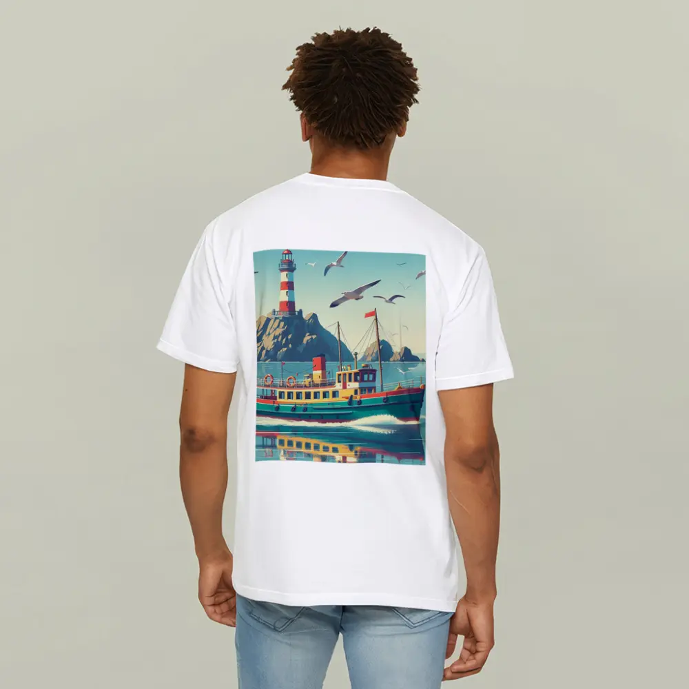 Retro Ferry Boat Lighthouse Coastal Scene – T-Shirts