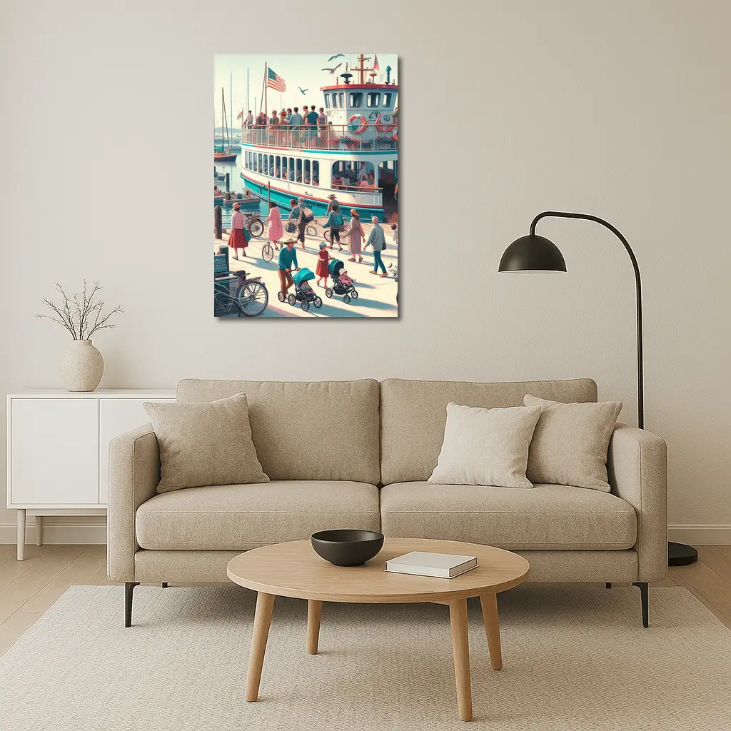 Ferry Dock Busy Harbor Scene Illustration – Wall Art