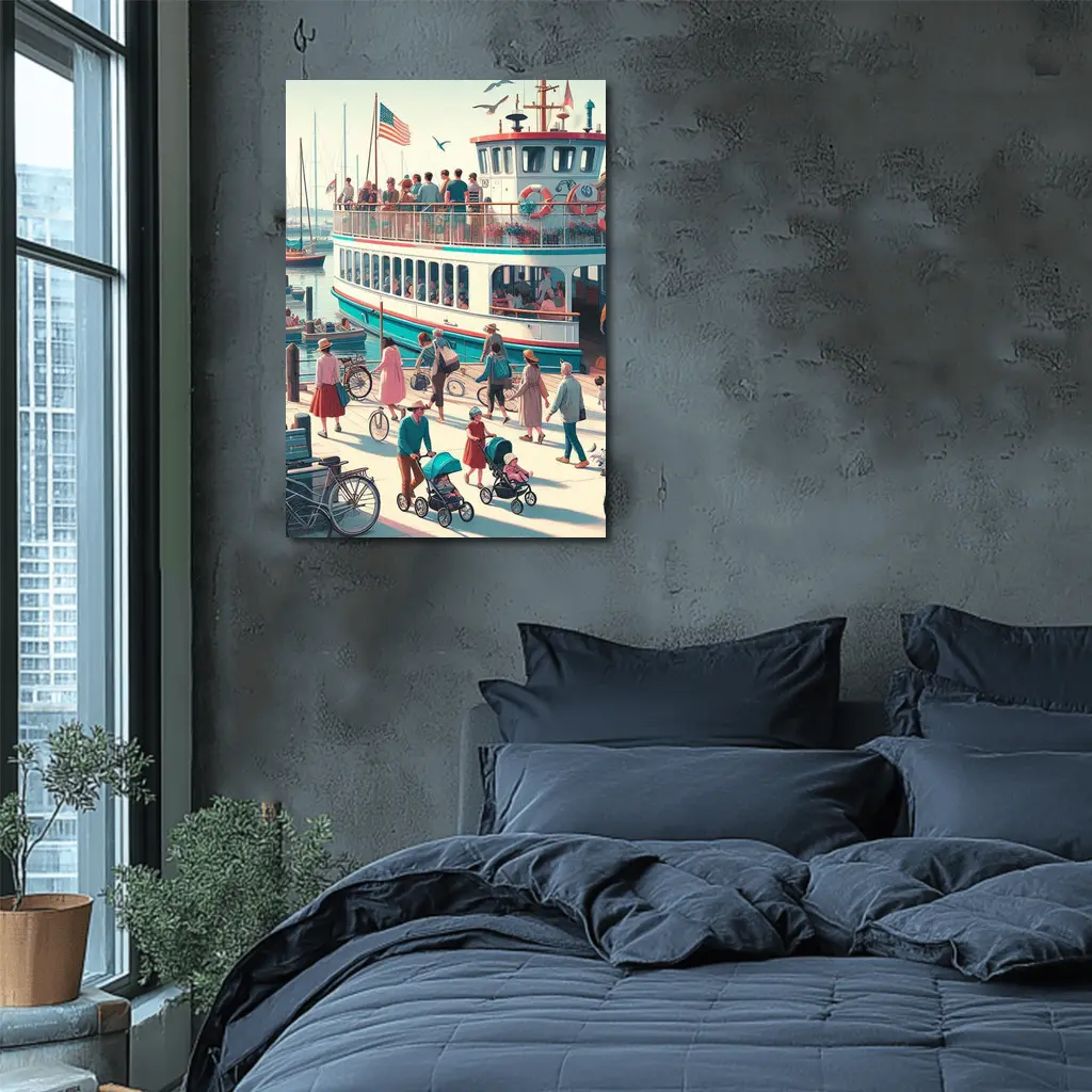 Ferry Dock Busy Harbor Scene Illustration – Wall Art