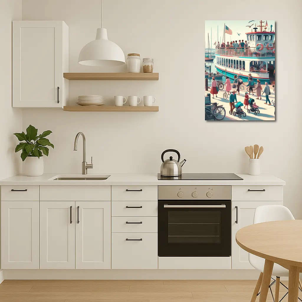 Ferry Dock Busy Harbor Scene Illustration – Wall Art