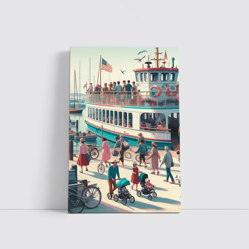 Ferry Dock Busy Harbor Scene Illustration – Wall Art