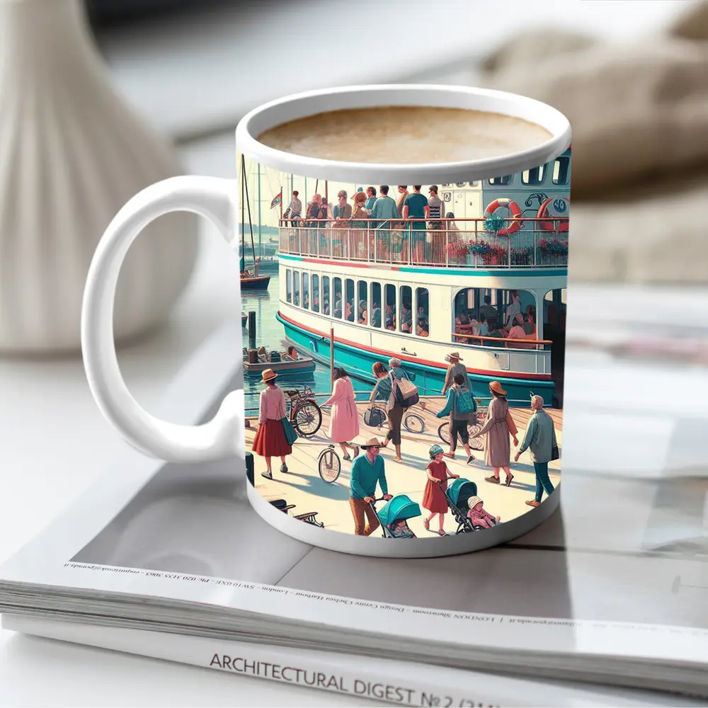 Ferry Dock Busy Harbor Scene Illustration – Mugs