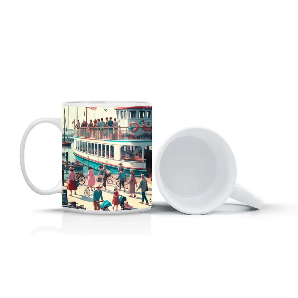 Ferry Dock Busy Harbor Scene Illustration – Mugs