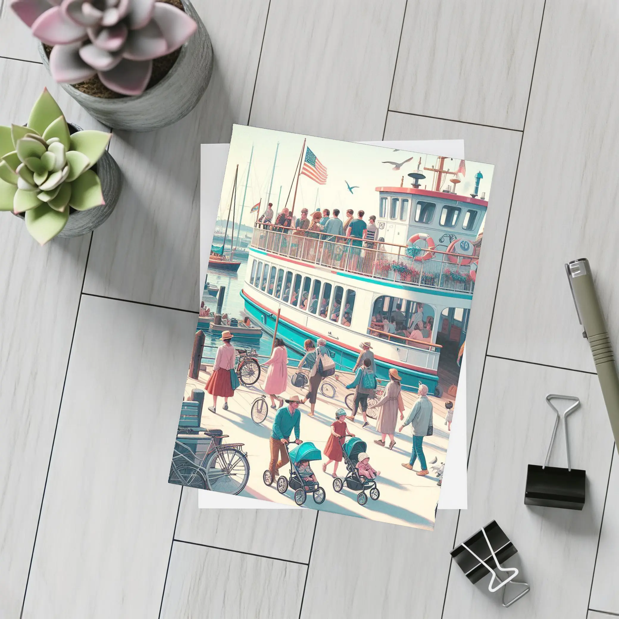 Ferry Dock Busy Harbor Scene Illustration – Postcards