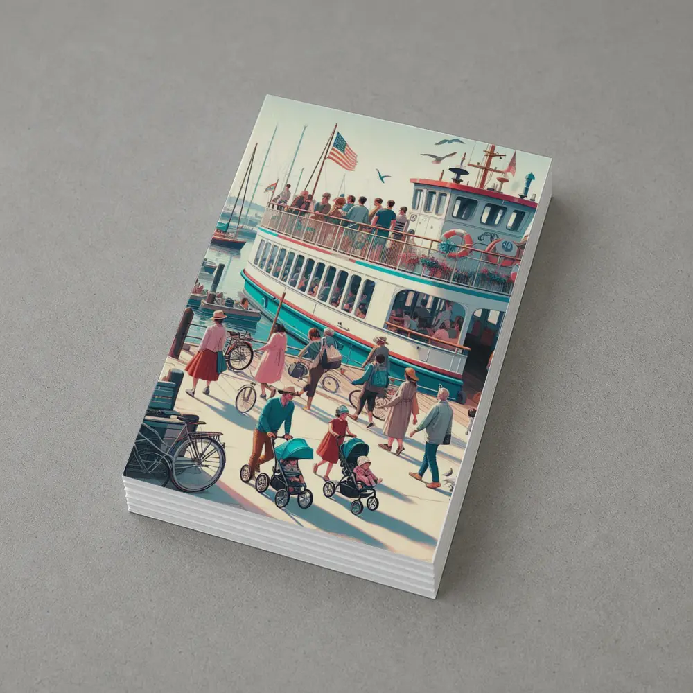 Ferry Dock Busy Harbor Scene Illustration – Postcards