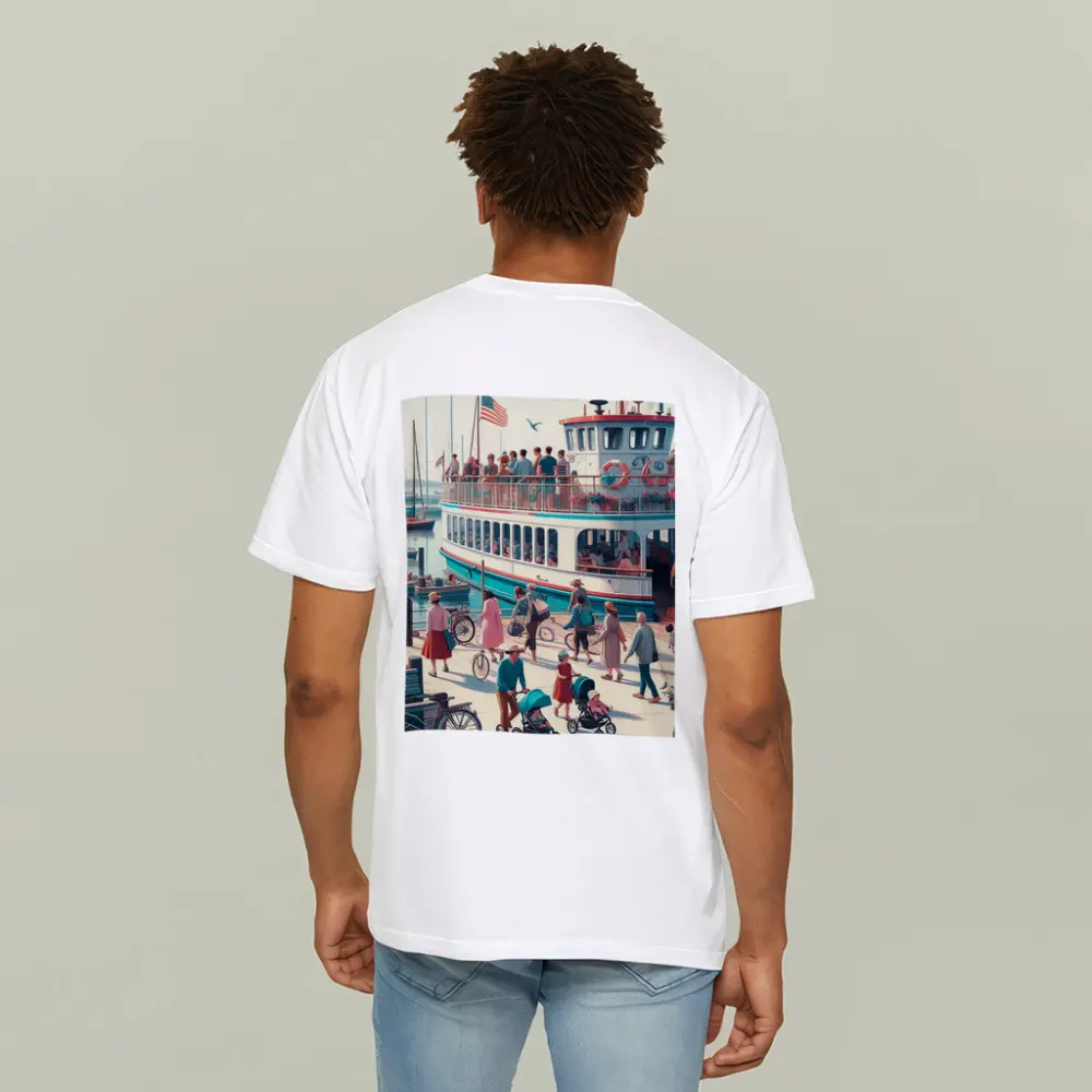 Ferry Dock Busy Harbor Scene Illustration – T-Shirts
