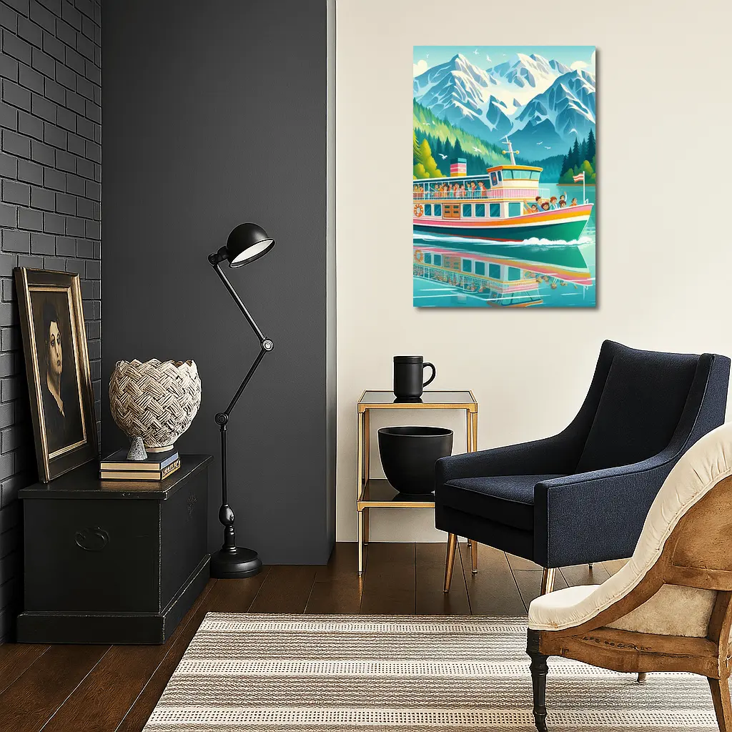 Colorful Ferry Boat Alpine Mountain Lake – Wall Art