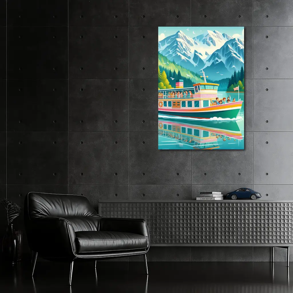 Colorful Ferry Boat Alpine Mountain Lake – Wall Art