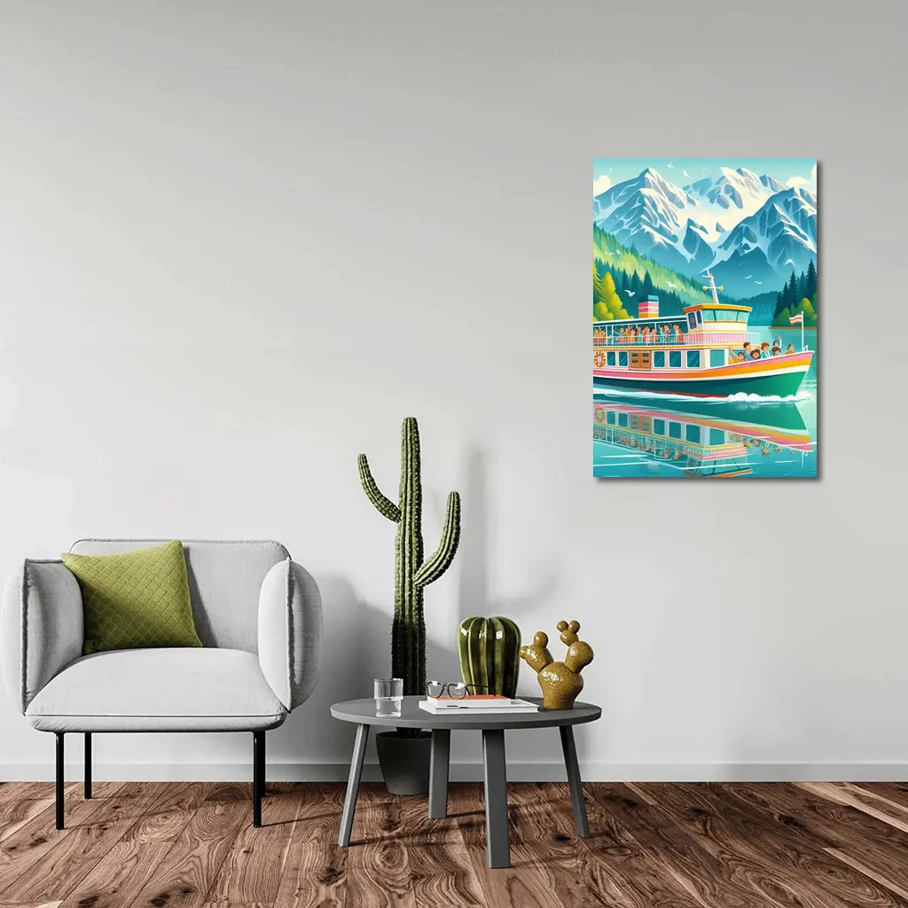 Colorful Ferry Boat Alpine Mountain Lake – Wall Art