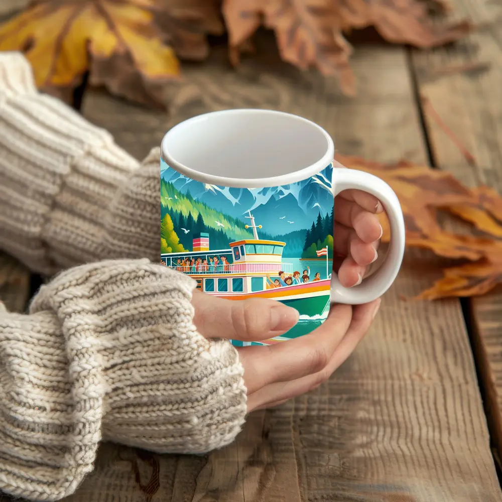Colorful Ferry Boat Alpine Mountain Lake – Mugs