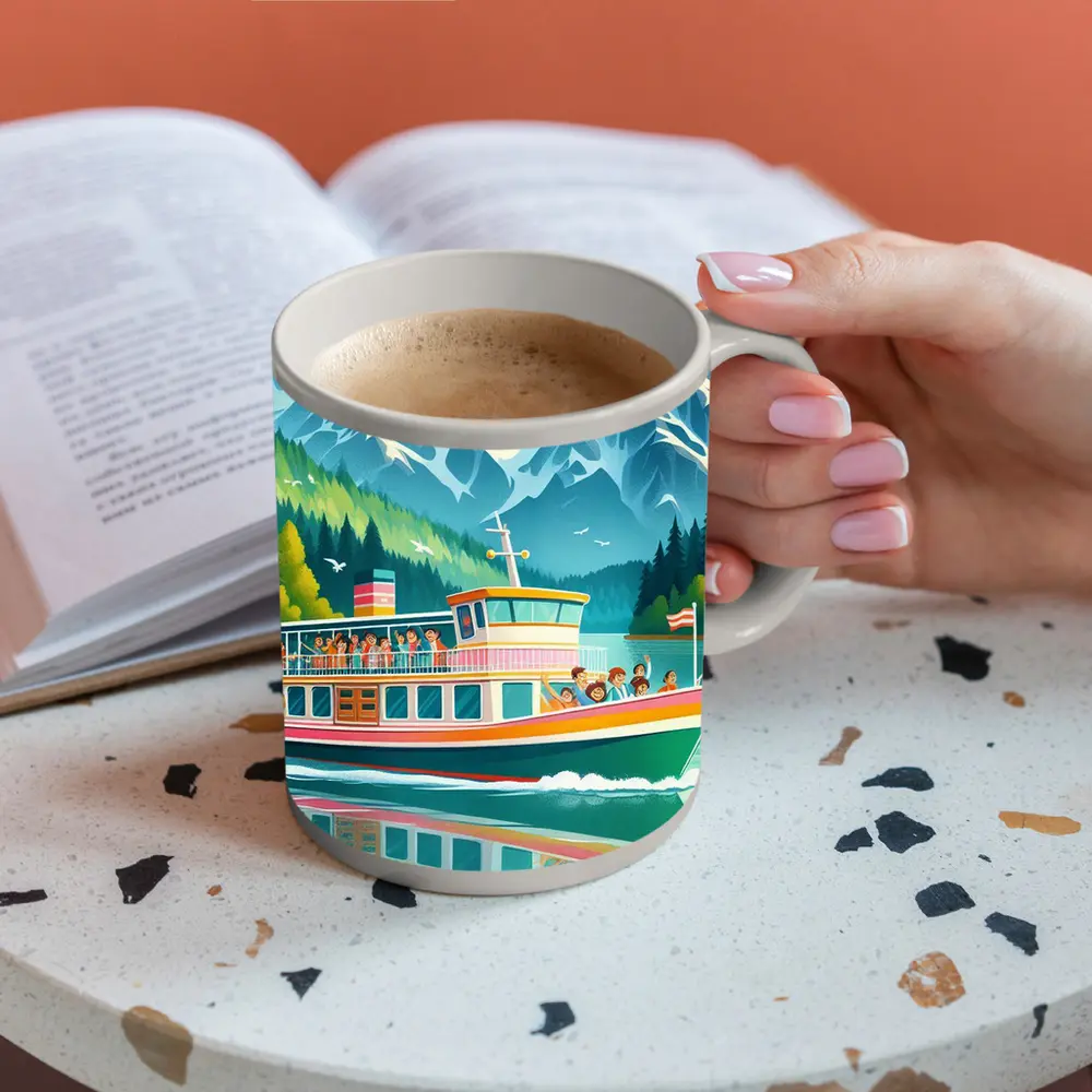 Colorful Ferry Boat Alpine Mountain Lake – Mugs