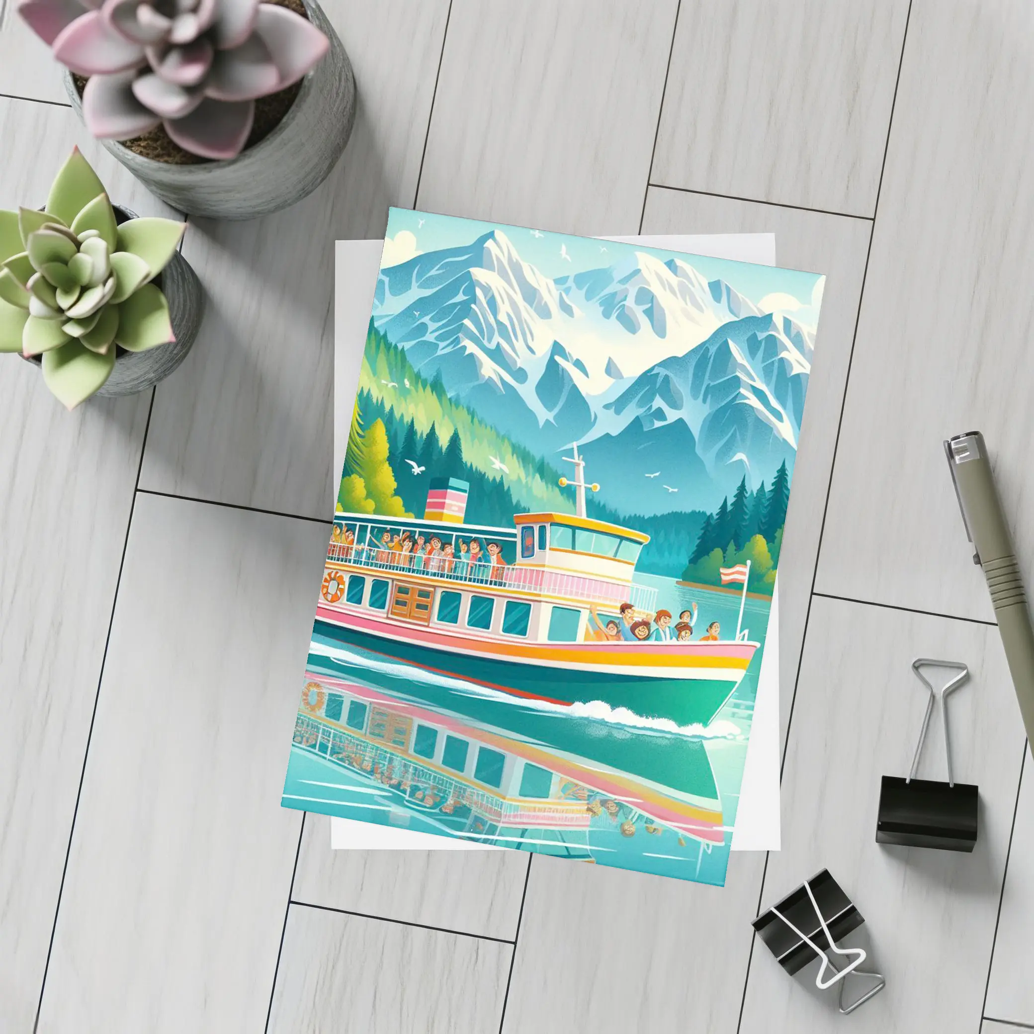 Colorful Ferry Boat Alpine Mountain Lake – Postcards