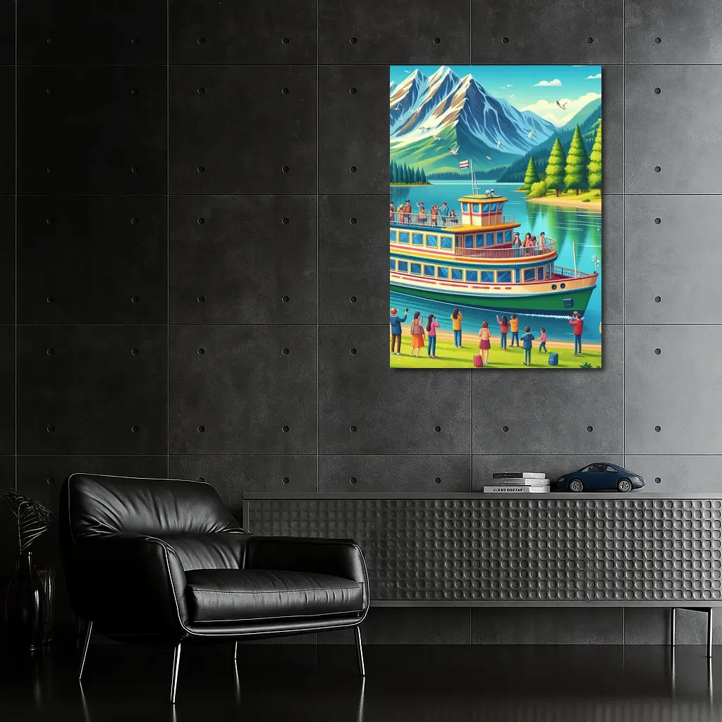 Ferry Boat Mountain Lake Cartoon Art – Wall Art