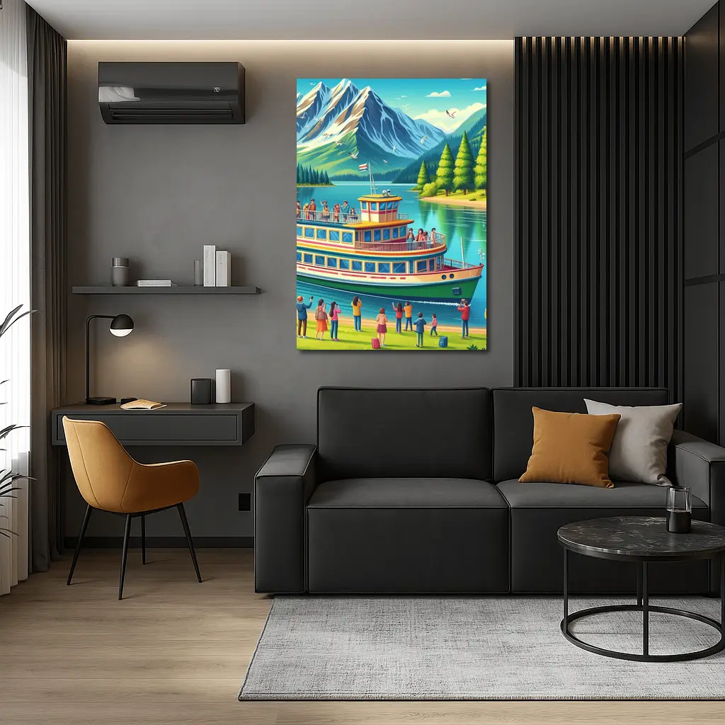 Ferry Boat Mountain Lake Cartoon Art – Wall Art
