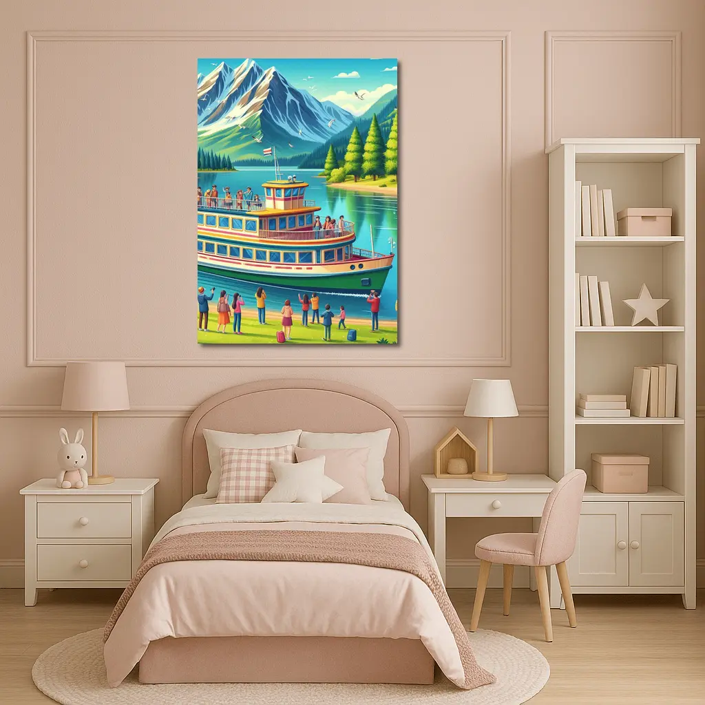 Ferry Boat Mountain Lake Cartoon Art – Wall Art