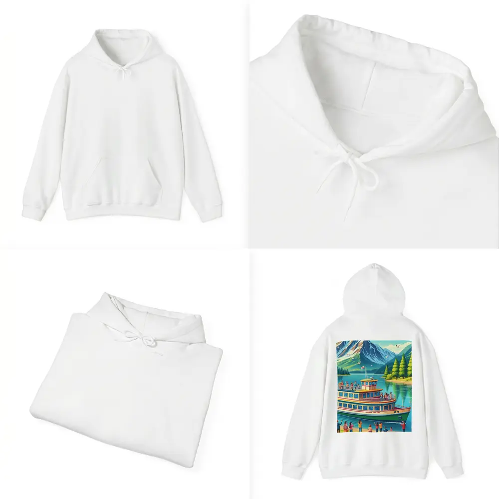 Ferry Boat Mountain Lake Cartoon Art – Hoodies
