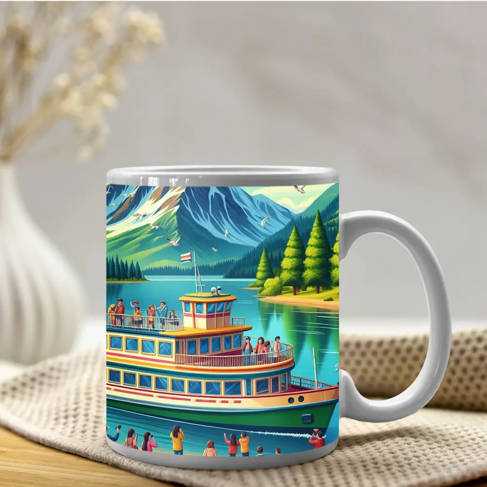 Ferry Boat Mountain Lake Cartoon Art – Mugs