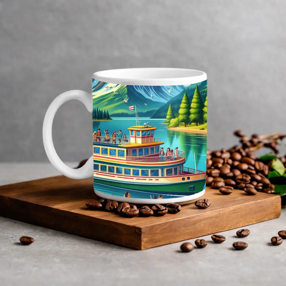 Ferry Boat Mountain Lake Cartoon Art – Mugs
