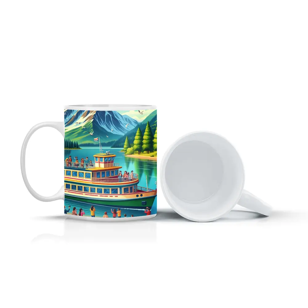 Ferry Boat Mountain Lake Cartoon Art – Mugs