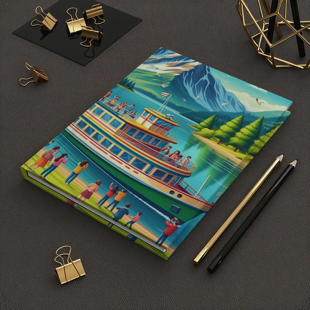 Ferry Boat Mountain Lake Cartoon Art – Notebooks