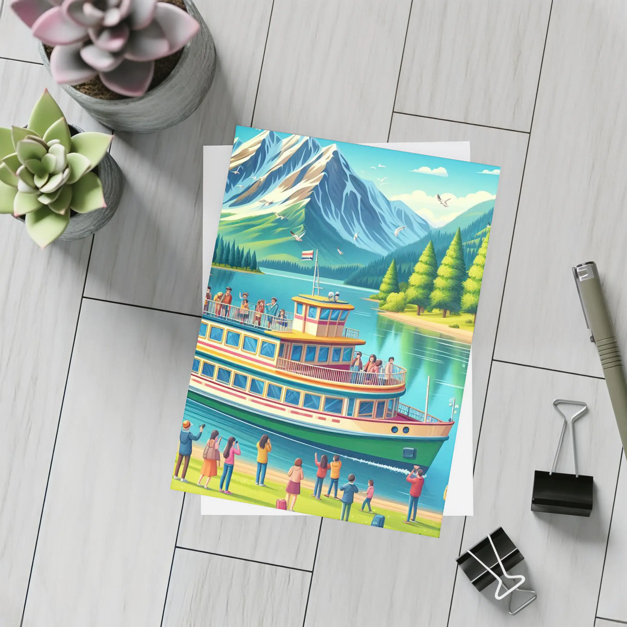 Ferry Boat Mountain Lake Cartoon Art – Postcards