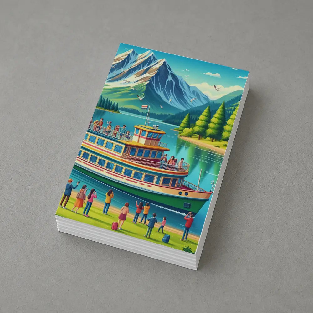 Ferry Boat Mountain Lake Cartoon Art – Postcards